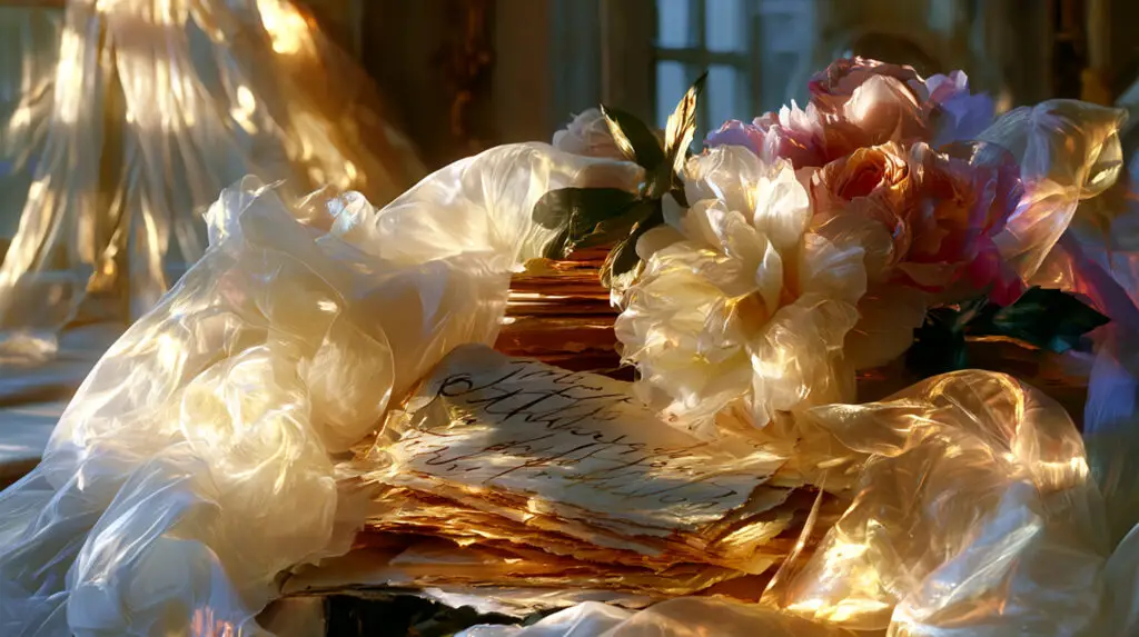 oftly illuminated translucent drapery surrounds delicate ivory and blush flowers resting atop handwritten letters in a candlelit interior, evoking grief, remembrance, and sacred departure.