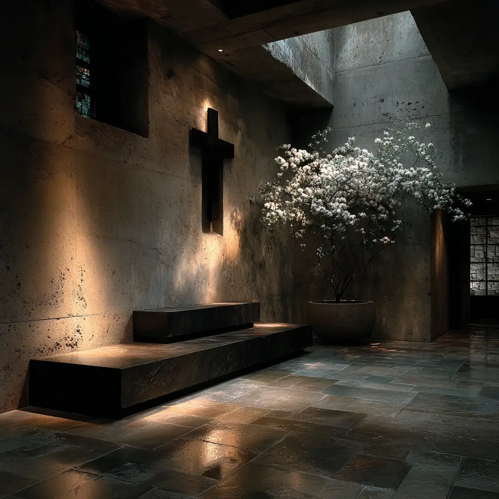 Quiet contemplative interior with soft natural light, stone architecture, a cross, and delicate white florals creating a peaceful atmosphere of remembrance and reverence.