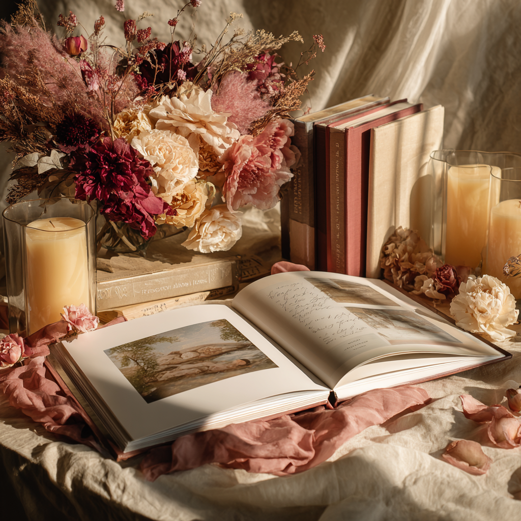 An heirloom memorial photo book displayed open beside candlelight and soft florals on ivory silk, designed to preserve family memories and legacy through archival storytelling.