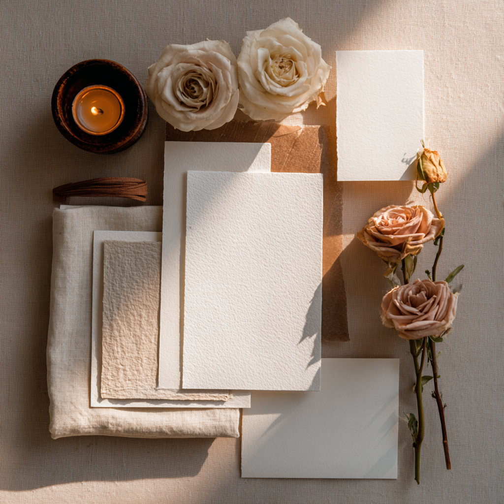 A refined memorial keepsake stationery suite featuring textured archival paper cards, soft ivory florals, candlelight, and neutral linen arranged in warm natural light.