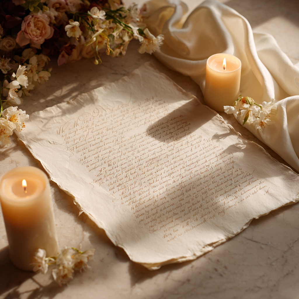 A preserved memorial tribute page displayed on textured archival paper surrounded by ivory silk, candlelight, and soft florals, photographed in warm natural light to evoke remembrance, dignity, and legacy.