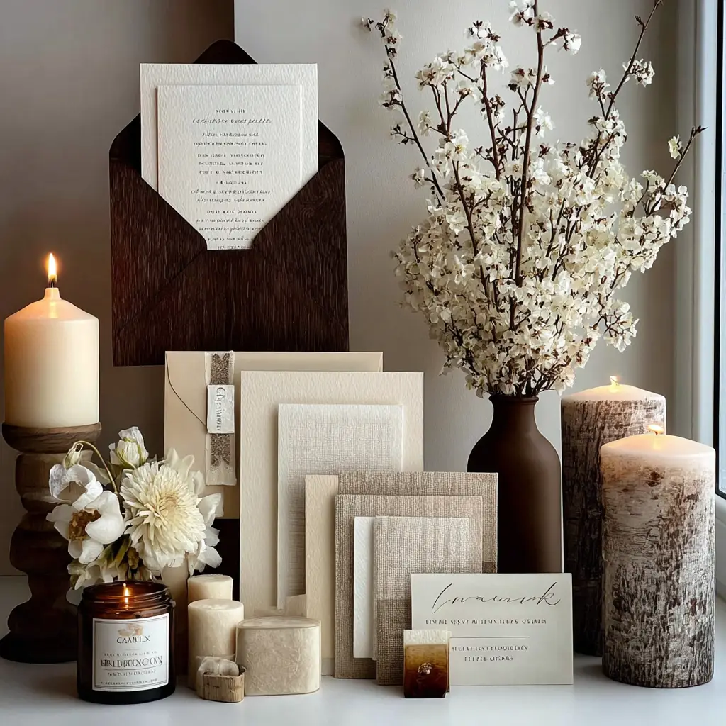 Elegant memorial stationery and archival tribute materials arranged beside candles and white florals in soft natural light, creating a calm and timeless remembrance setting.