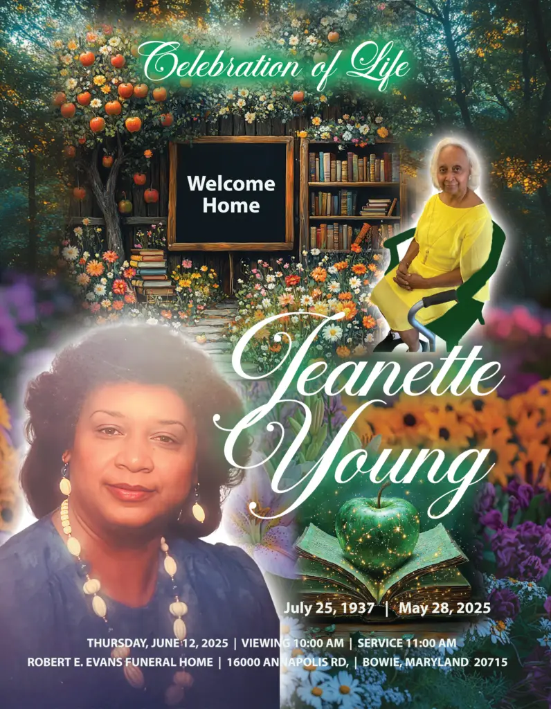 Garden-inspired memorial program design for Jeanette Young featuring floral scenery, books, warm imagery, and celebration of life memorial presentation.