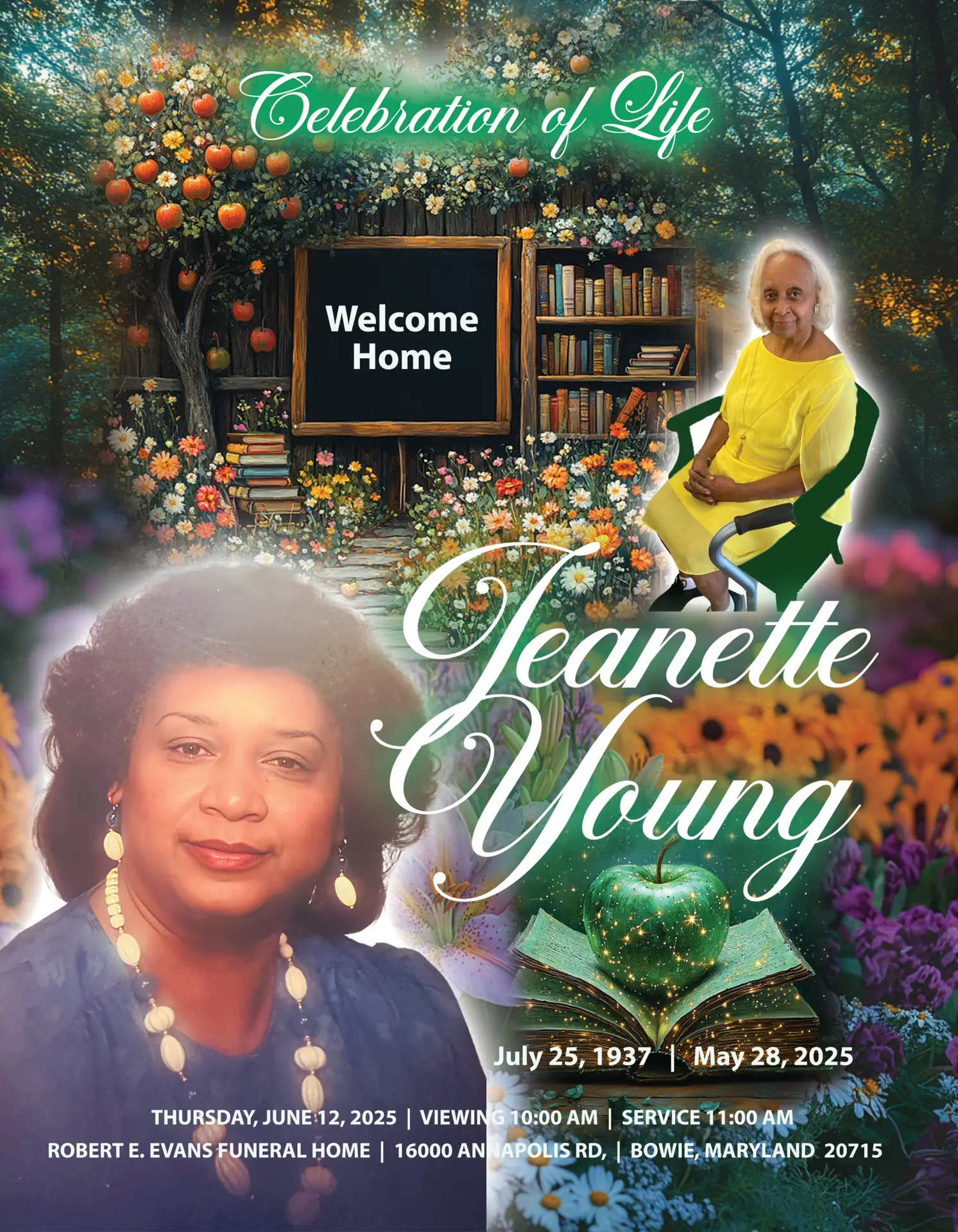 Garden-inspired memorial program design for Jeanette Young featuring floral scenery, books, warm imagery, and celebration of life memorial presentation.