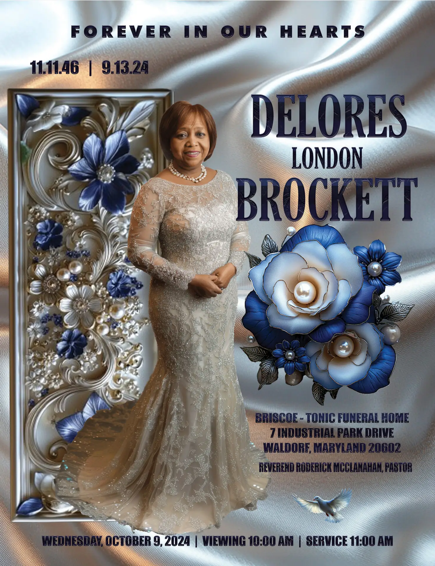Elegant blue and silver memorial program design for Delores London Brockett featuring floral embellishments, satin textures, and formal celebration of life presentation details.