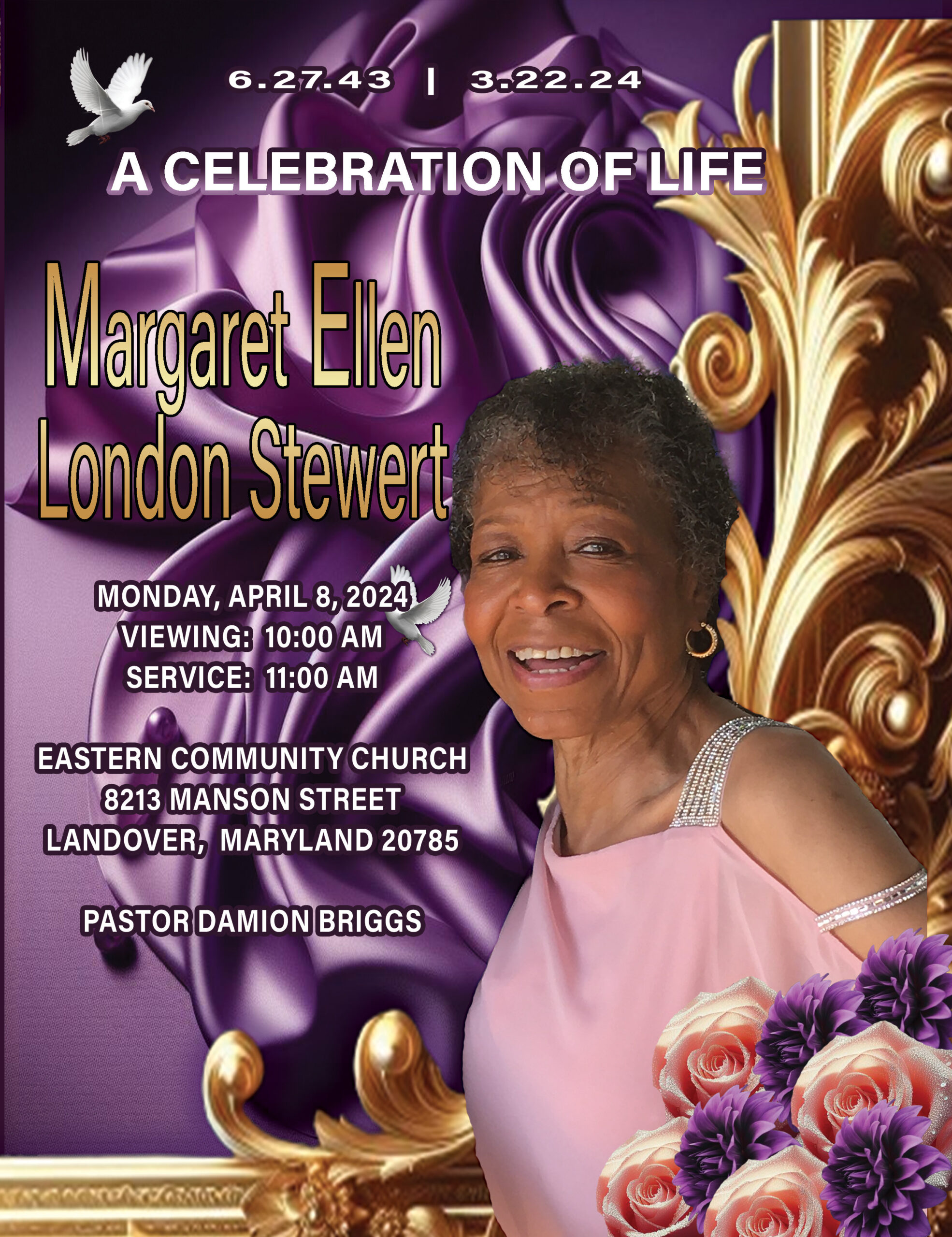 Purple floral memorial program design for Margaret Ellen London Stewart featuring elegant roses, gold ornamental details, and formal celebration of life presentation.