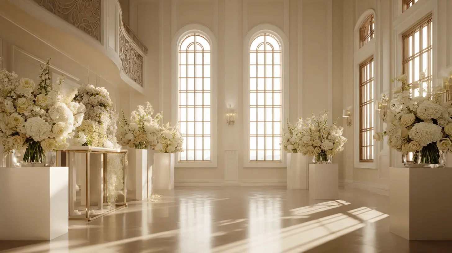 Elegant ceremonial interior with abundant white floral arrangements, tall arched windows, and warm natural light creating a refined atmosphere of remembrance and reverence.