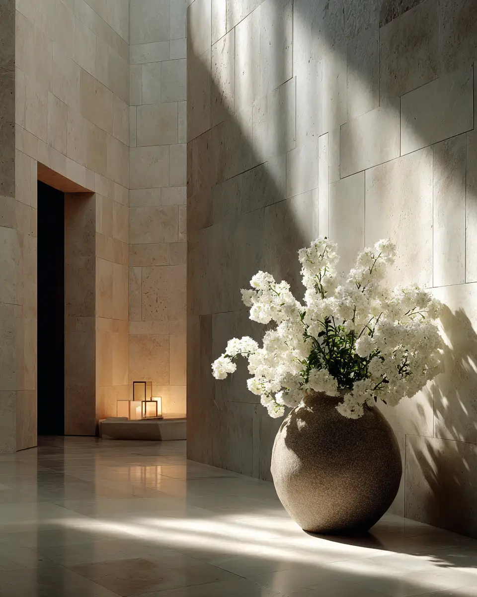 Minimal architectural memorial interior with soft natural light, limestone walls, and white florals in a stone vessel creating a calm and contemplative atmosphere.